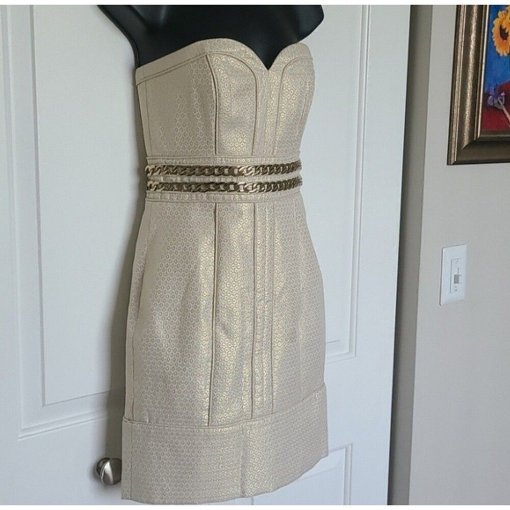 Laundry by Shelli Segal Gold Metallic Jacquard Chain Waist Mini Dress Strapless